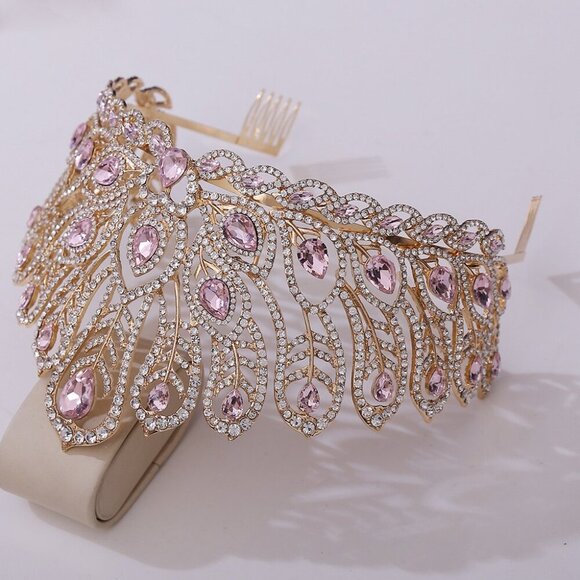 Princess gold crown, Pink Crystal Crown, Peacock Tail Shape, Stunning Headpiece